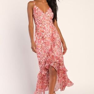 Lulus Always Enchanting Pink Floral Metallic Ruffled High-Low Dress